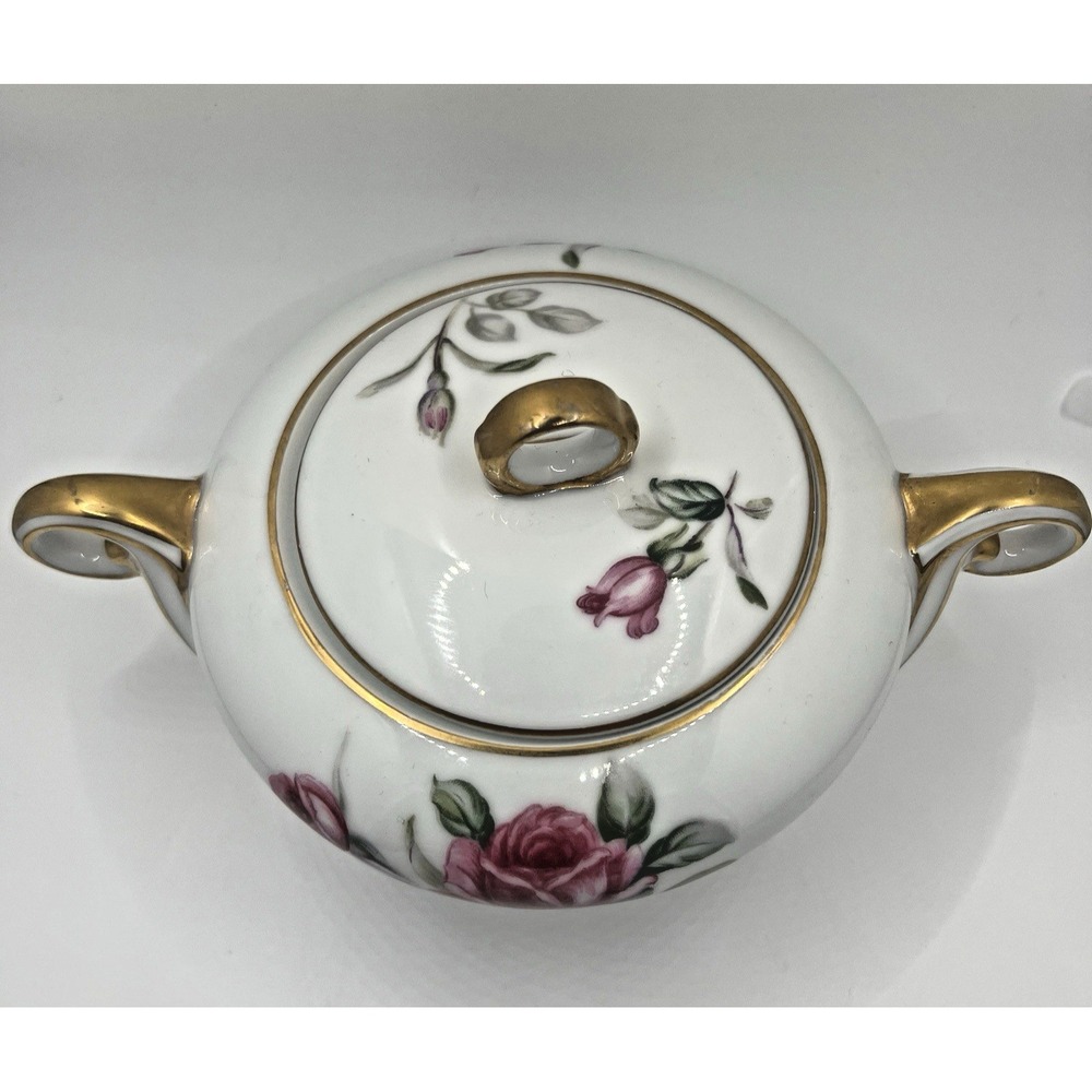 Wentworth China Cameo Rose Creamer and Covered Sugar Bowl Eterna Shape Gold Trim - Picture 5 of 16